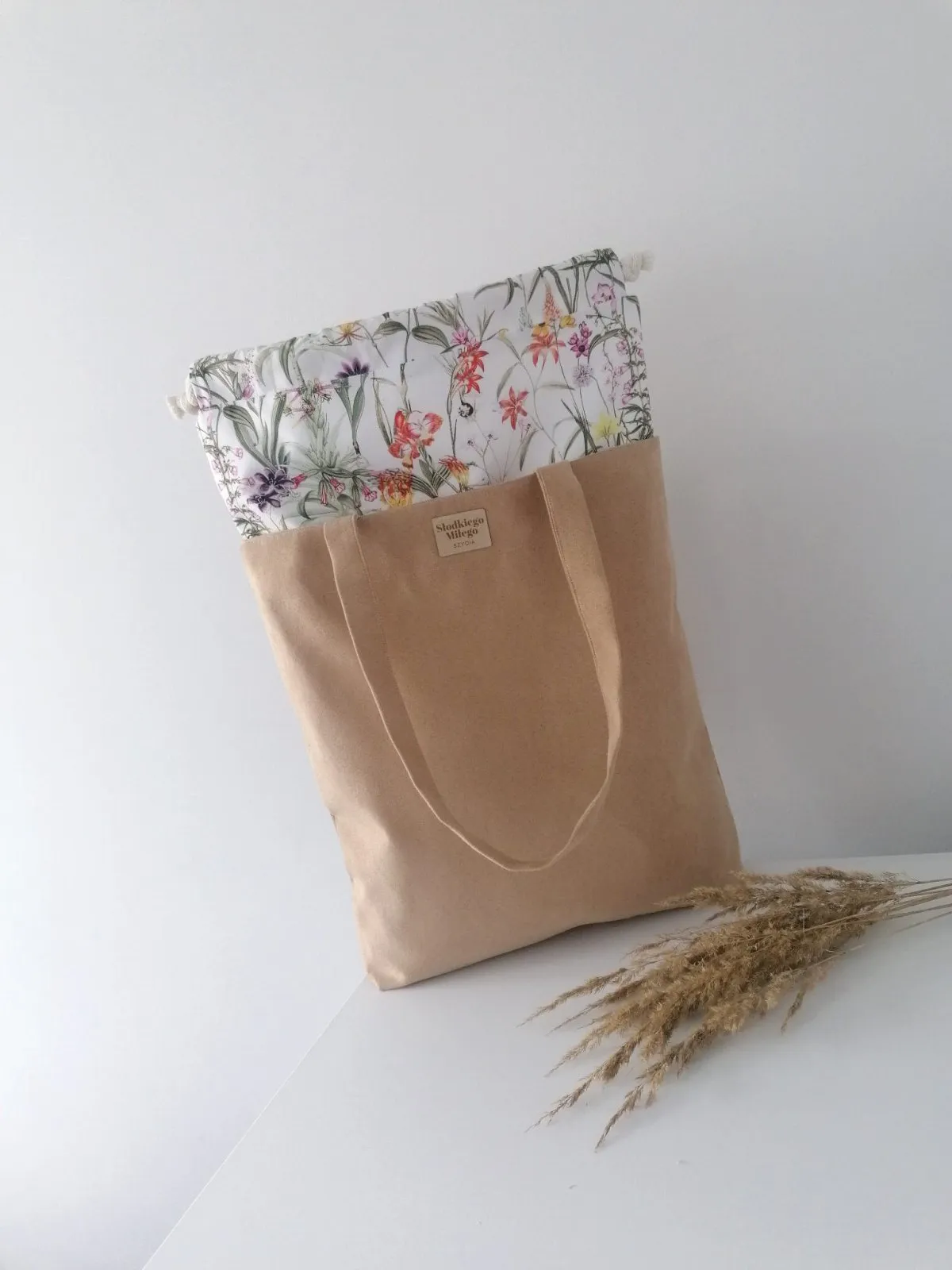 Torba damska HANA Spring Meadow - duża beżowa torba z kominem z nubuku